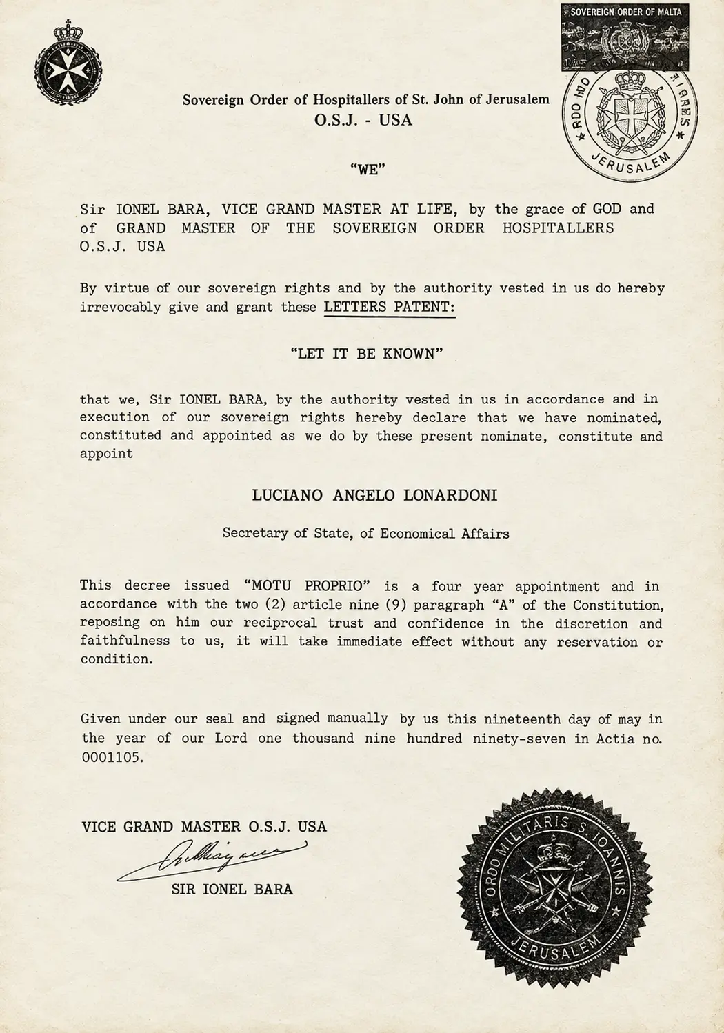 Letters Patent – O.S.J. USA