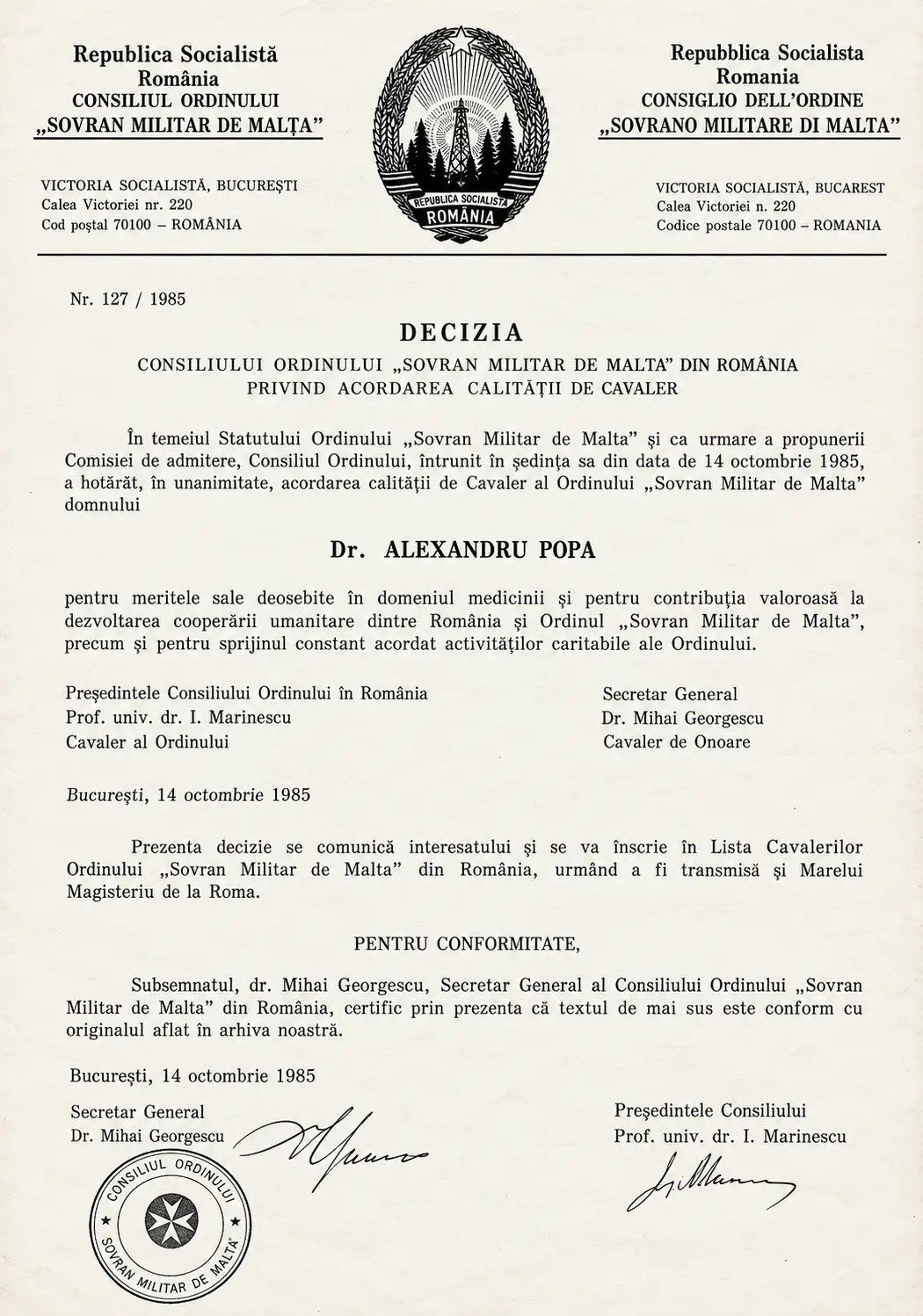 Decision No. 127/1985 – Council of the Order in Romania