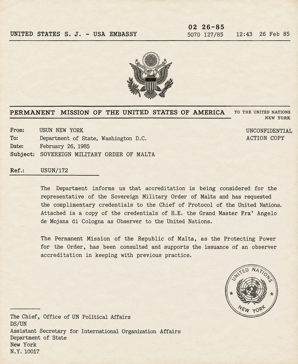 USUN New York cable on SMOM observer accreditation
