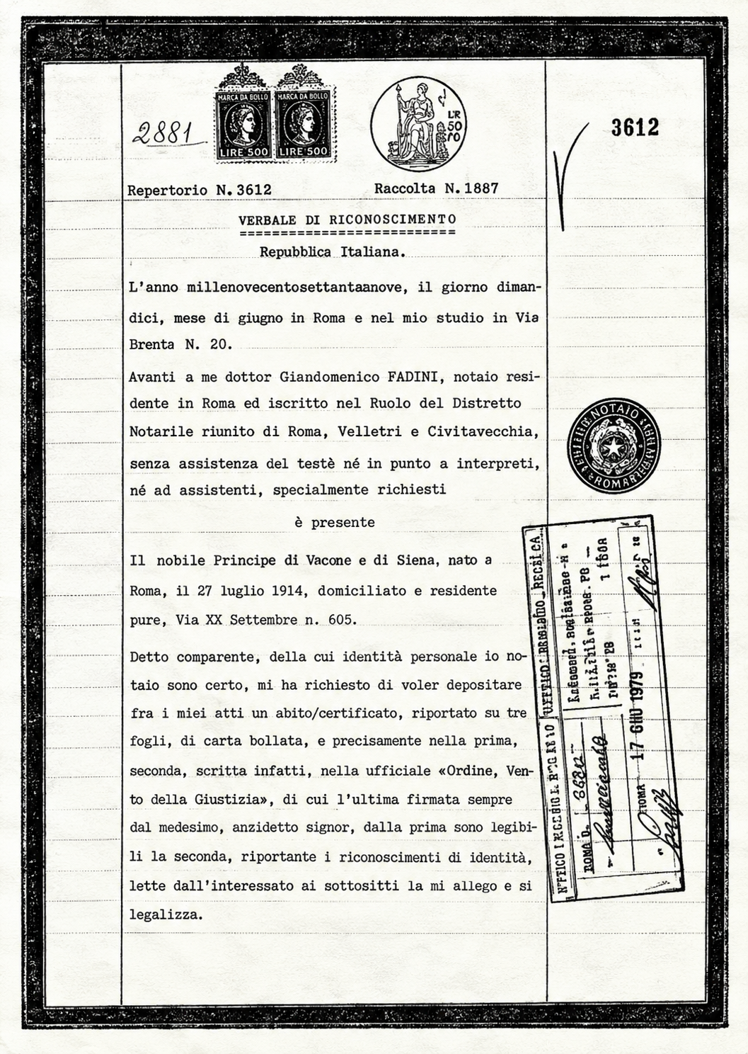 Notarial Record of Recognition and Constitutional Charter – Rome