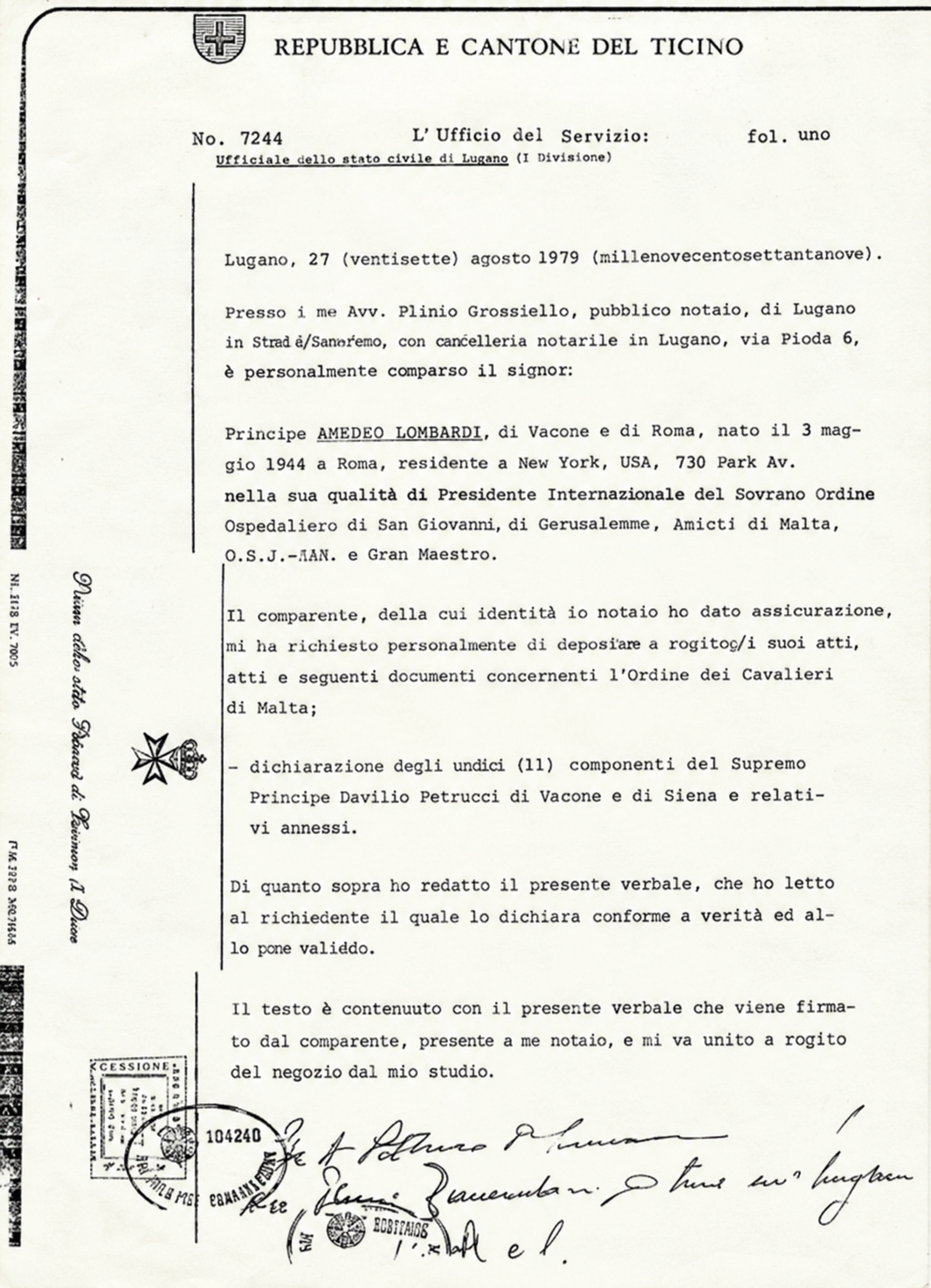 Notarial Record of Deposit – Lugano