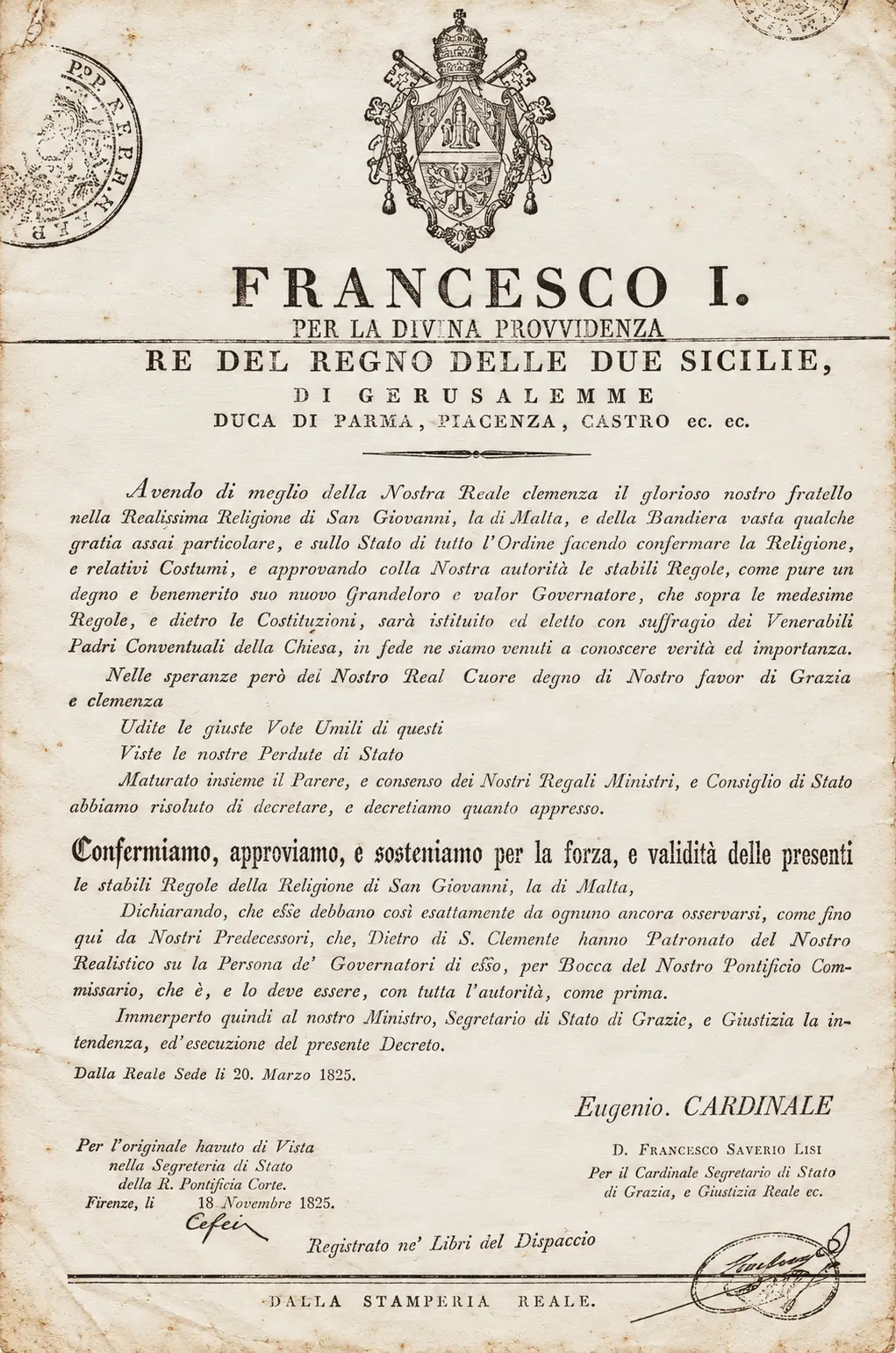 Decree of Francesco I, King of the Two Sicilies