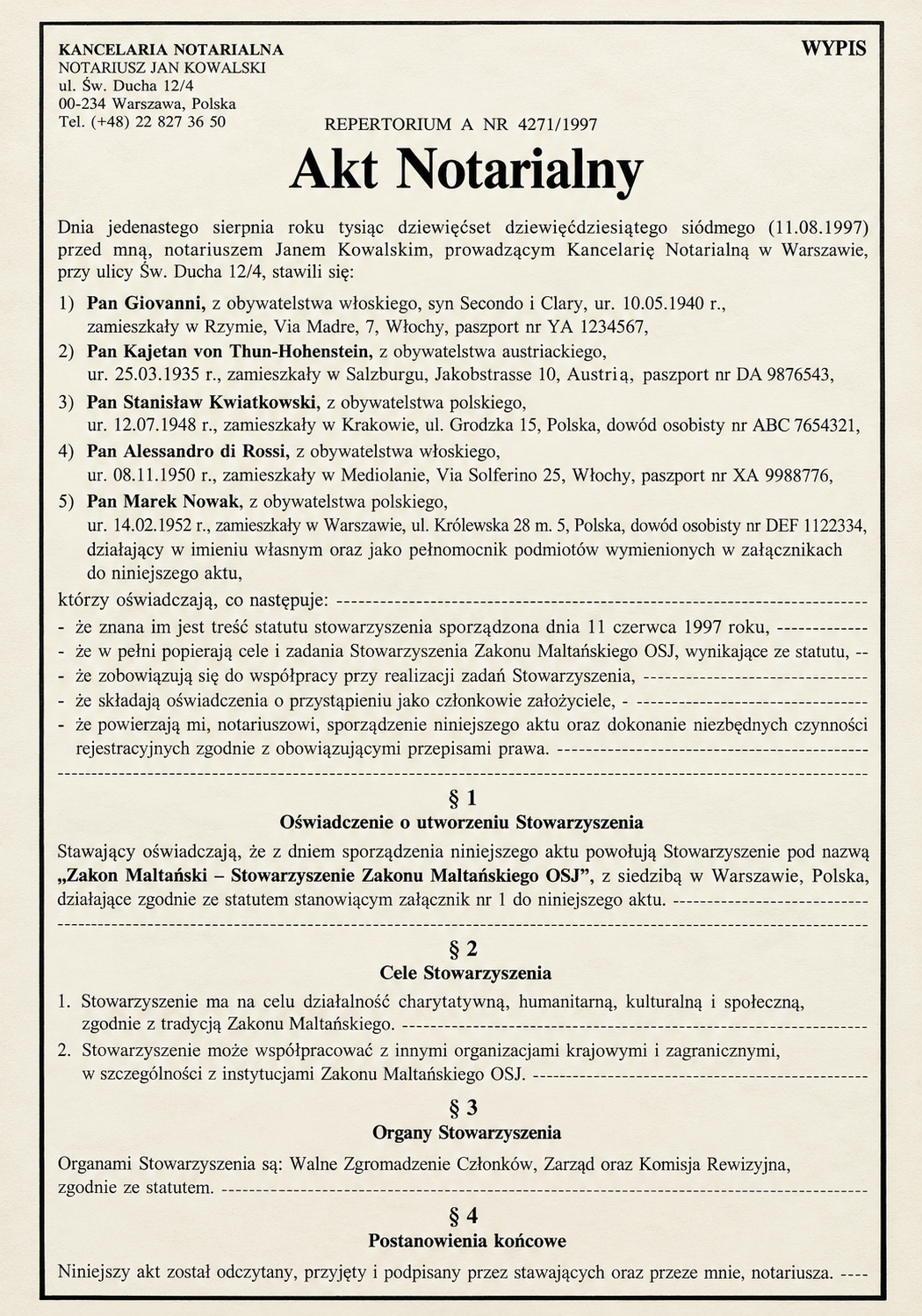 Notarial Deed of Foundation of the Association – Warsaw