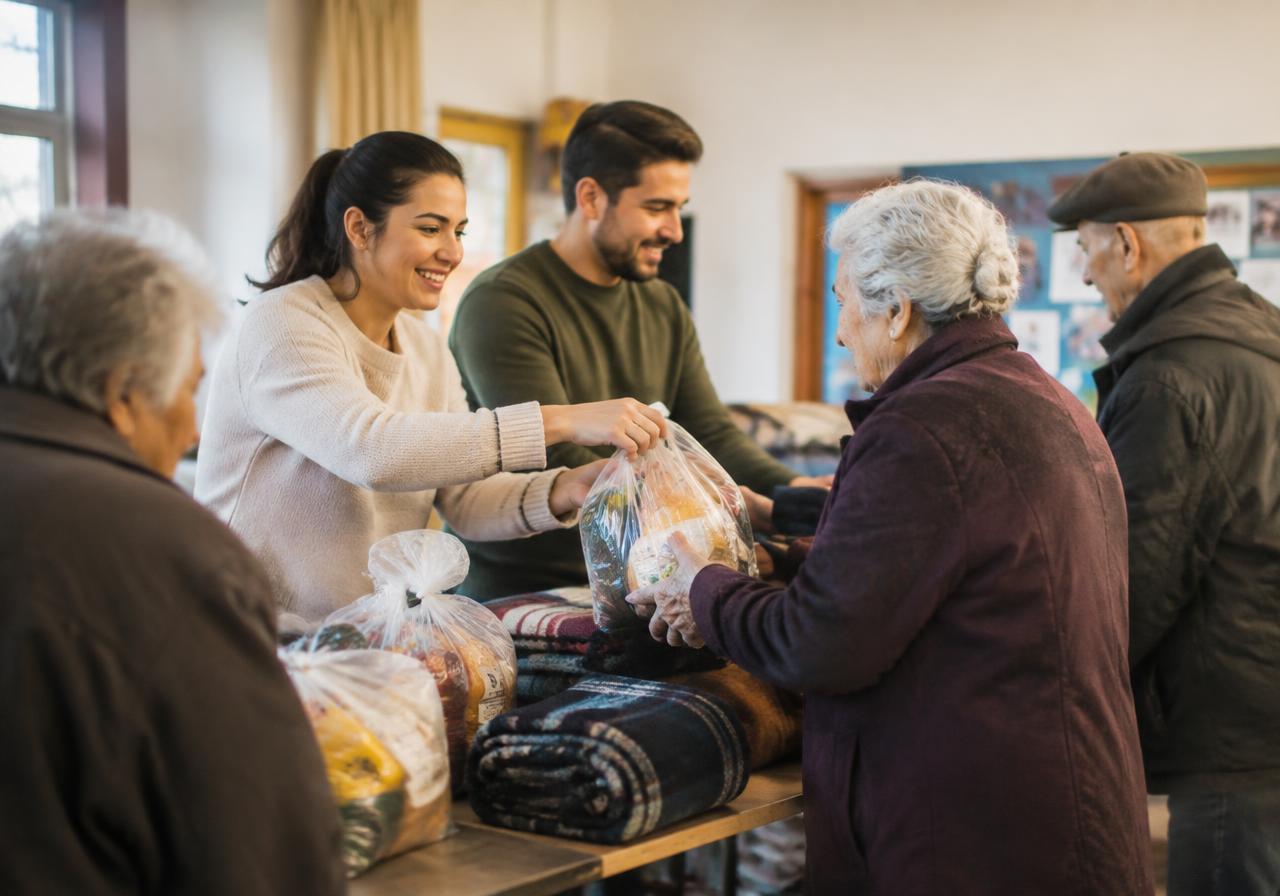 Volunteers distributing food and blankets